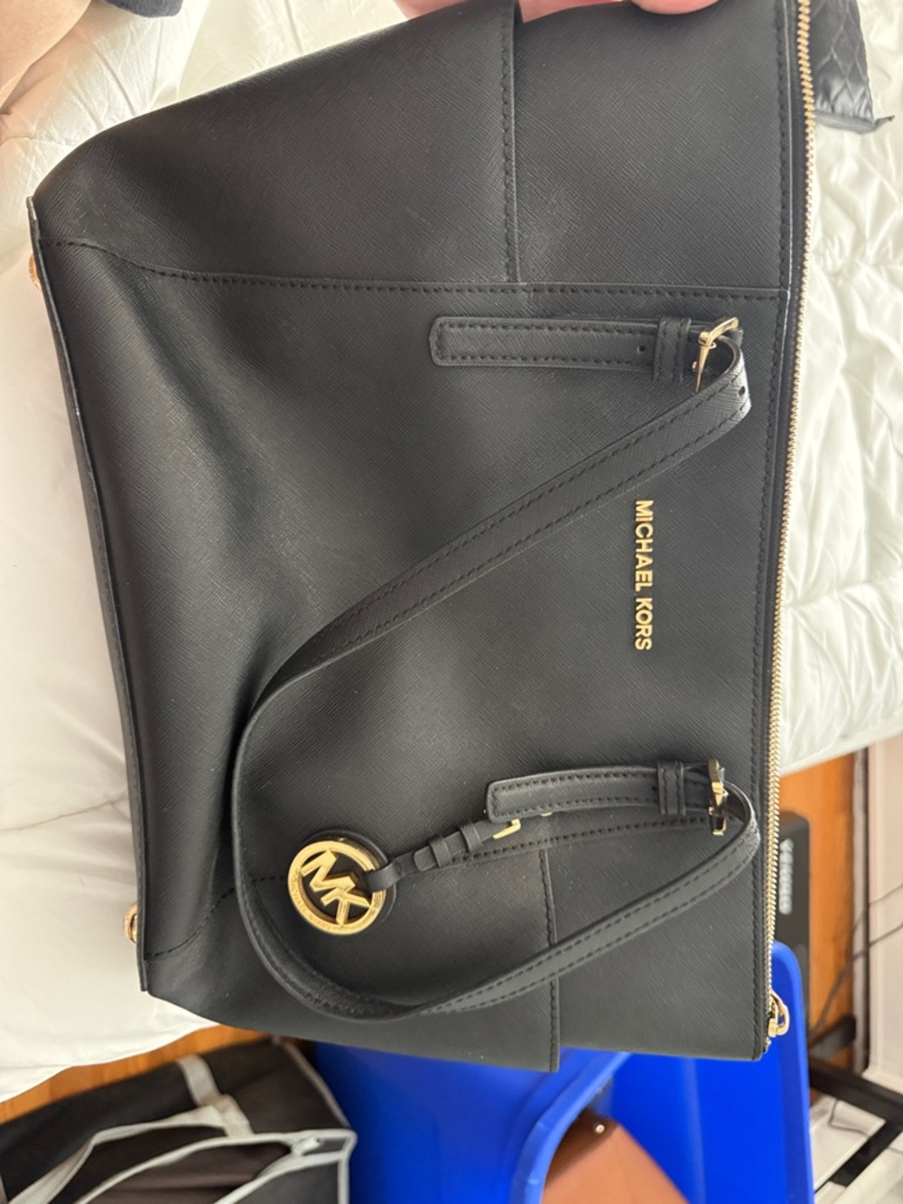 Michael Kors Black Leather Tote with Gold MK Charm